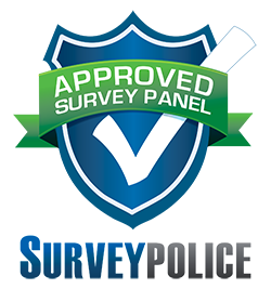 Survey Police Logo, blue badge, white tick sign and green ribbon with text on it.
