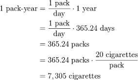 Whether or not you smoke(d), you may be interested in knowing more about pack years. Are you familiar with how to calculate pack years for a cigarette smoker? (One pack year means smoking one pack of cigs a day for one year, or smoking 1/2 pack of cigs a day for two years--you get the point.)