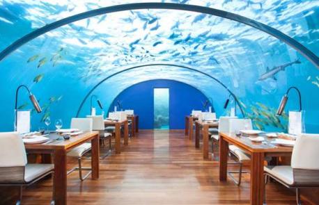 In a private aquarium at the Conrad Hotel, Rangali Island (Maldives): The Conrad Hotel has made this dream possible with its villas that open up directly onto the ocean, and its underwater restaurant that has the feel of a giant aquarium. Amazing, but true. Have you ever pictured yourself in the middle of the ocean having dinner on the water?