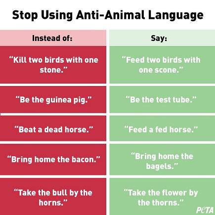 The animal rights organization then included a color-coded chart with what they view as offensive phrases on the left in red and what they view as acceptable substitutions on the right in green. In lieu of 