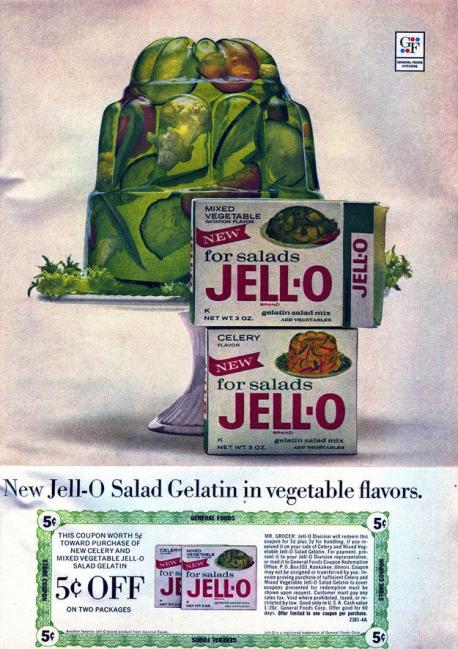 1950's cooks loved Jell-O: In mid-century, savory Jell-O recipes were very popular. Molded salads using veggies, hard-cooked eggs, and meats were en vogue for social events like luncheons, bridge games and cocktail hours. Not surprisingly the creators of Jell-O have introduced (and subsequently discontinued) dozens of flavors over the decades, hoping to keep the Jell-O craze alive. Here are some of the most surprising savory Jell-O flavors that have come and gone. What flavors are you familiar with?