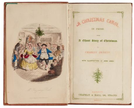 A Christmas Carol was written by Charles Dickens and was first published in 1843. In the original edition, Dickens chose the cover design and wanted it to appear like a present. He had a red cover with gold writing on it and green frontpages for the book. Have you ever seen an original edition of A Christmas Carol?