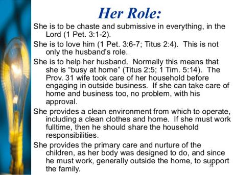 So, even though we have come a long, long way from marriage in the 1800's, there are still some who believe that the only way to have a successful marriage is to be in a submissive marriage -- and of course, the submissive one is the wife. According to a website that talks about submissive marriages, these are the key elements. Do any of these sound to you like we are almost back in the 1800's?