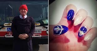 MIchael Maguire, nicknamed Nails by colleagues, has been amusing riders on his transit route with his amazing manicures for years. The 54 year old Toronto transit bus driver, has sported everything from bright electric blue nails with embedded rhinestones, to holiday themed nails and of course, his favourite, Blue Jays baseball themed nails. The origin of his manicure starts when he broke his leg during a 2013 ice storm and when his cast was removed, a nurse suggested he get a pedicure. The driver took her suggestion to heart and has been pampering himself ever since. His passengers all say he brightens their day whenever they get on his bus, no matter how bad the weather may be. Have you ever encountered someone whose interesting or amusing way of dress or style just helped brighten your day?