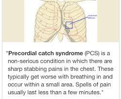 Most likely it was a condition called precordial catch syndrome (PCS). And the good news is that unlike a heart attack, it is not harmful or even life-threatening. Unlike a heart attack, the pain does not radiate or 