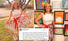 One art teacher feels art work done by her students deserves to be on display in a special way. An art teacher at Mcauliffe Elementary School in Highland Village, Texas, Rebecca Bonner teaches about 580 students from ages 3 to 11 and had them decorate for about two weeks using Sharpies and fabric markers on a plain white dress she bought on Amazon. She said she had the dress 