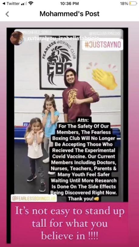 One gym in Toronto has taken the opposite approach. Fearless Boxing Club has posted both signs and on social media, that the boxing club will not be accepting any vaccinated members. 