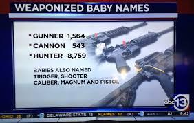 According to the website Nameberry, which tracks trends in names, there is a noticeable trend of parents giving their newborn boys weapon-inspired names. Names such as Wesson, Caliber, Shooter and Trigger first appeared in the 2000s, but have gained popularity in recent years. Other names included Dagger, Cannon, Hunter, Maverick, Magnum, Pistol, Mace and Gunner. Parents living in the so-called