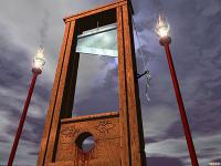 Guillotine-- One of the most notorious forms of executions, the guillotine was made of a razor sharp blade attached to a rope. The victim's head was placed in the middle of the frame as the blade dropped, severing the victim's head from the body. Since the decapitation was considered to be an instant and painless event, it was often considered the most humane method of execution. Are you familiar with this form of punishment?