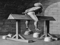 Spanish Donkey-- One of the torture devices during the Spanish Inquisition, this is probably one of the most gruesome of them all. The victim is put astride, naked, on a donkey-like apparatus, which is actually a vertical wooden board with a sharp V-wedge on top of it. After that, the torturer would add varying weights to the victim's feet until finally the wedge sliced through the victim's body. Have you ever been to the Museum of Death in Hollywood CA?