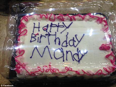 Lisa Aldrich of Grand Rapids, MI picked up a plain sheet cake in the bakery department of her local Meijer. She handed it to a woman behind the counter and asked her to write on it. She did not notice the cake until she was checking out upfront. The writing was very 