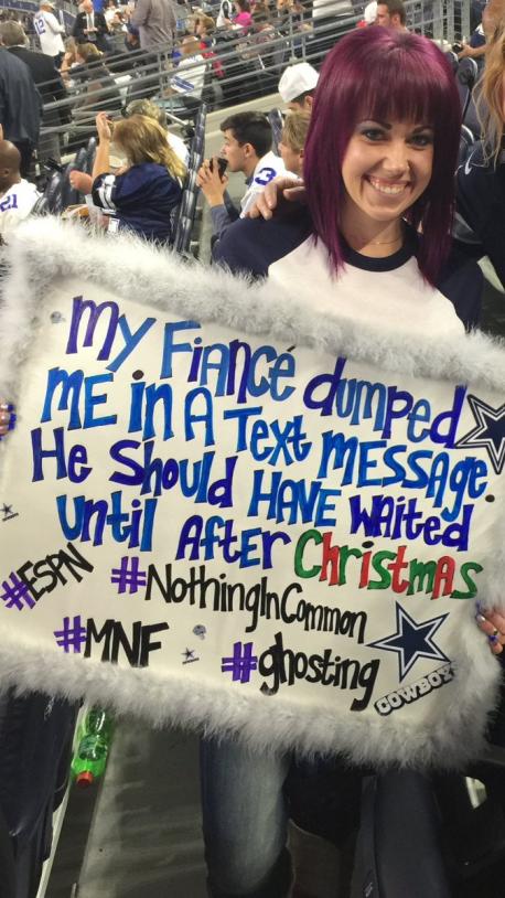 One woman got dumped via text, a few days before Christmas. She had purchased football tickets for her boyfriend, but when he abruptly ended things, she decided to go to the game by herself. Would you have done the same?