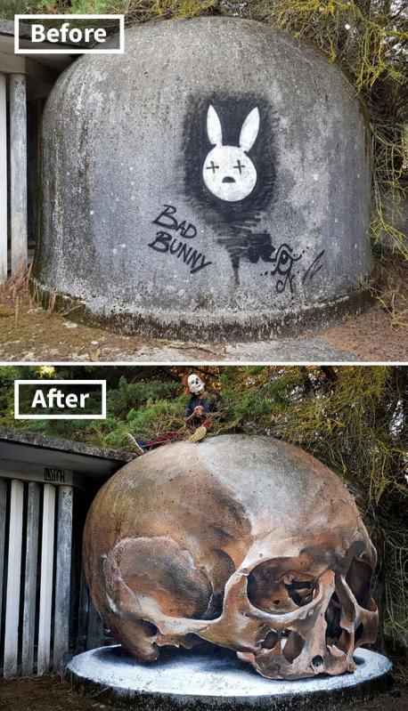 Transformation seems to be the word to describe many of the art pieces this artist created. I am not particularly fond of skulls, but it is unbelievable how a rock turned into a skull just after being painted. Do you consider people like him can work with local governments to make cities look a lot more interesting?