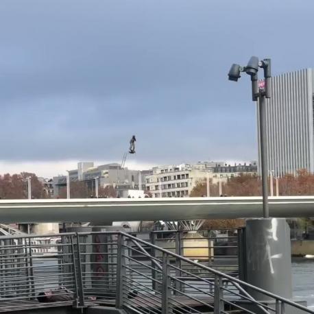 (source: rt.com) A man flew over the rooftops of Paris before swooping over the river Seine and zipping through the air like a superhero. It wasn't Superman, but the inventor of the hoverboard demonstrating its prowess and military potential. The spectacular show took place at the Defence Innovation Forum held in Paris this weekend. 
