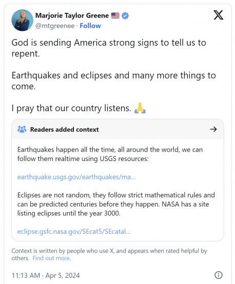 A more recent conspiracy she spewed was about the eclipse. She combined it with the New York earthquakes claiming that both were signs from God wanting people to repent. Heard about this one?