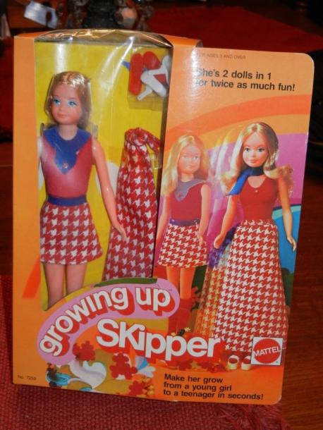 Growing Up Skipper - Mattel's Barbie line has long been a mainstay in it's history. Released in the 70's, Skipper was a doll that if you turned her arm would grow from a girl to a teen. This included not only height, but growing breasts. Enter the parents groups who found this a bit much. What do you say, appropriate for a young girl?
