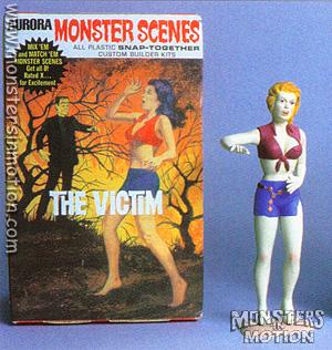 Monster Scenes - came about from a contest Aurora ran with Famous Monsters of Filmland magazine, challenging model makers to create a scene with one or more kits. Found many creative and the notion of smaller scale kits one could combine to make dioramas. Problem was the content and wording. Settings like a Pendulum or Hanging Cage. Scantily clad Vampirella or The Victim (Vickie by fans). Not to mention label saying