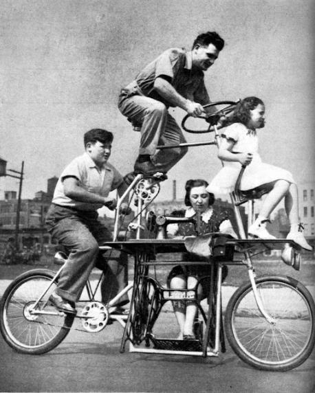 Who wouldn't love a family bike? Open in a new tab to see full picture. Dad and son are working those pedals while Mom sews and baby girl just enjoys the ride. The official name is Goofy Bike. Sorry to say Charles Steinlauf's 1939 creation never saw the light of day. Were you aware of this bike before the survey?