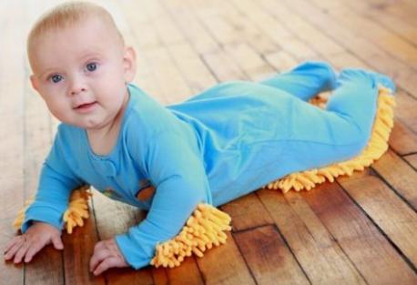 Honestly Tellwuters, I had nothing to do with this invention so please don't report me to Child Protective Services. The Baby Mop was invented in 2012 and introduced as a way to combine childcare with house cleaning. It was a onesie with mop-like material on the legs and arms so baby could be useful ...crawling and cleaning at the same time. Have you ever heard of the Baby Mop?