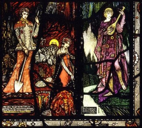 Harry Clarke was initially a stained glass artist and later went on to become well-known for his book illustrations. This stained glass is from The Geneva Window, dated in 1930 and one of his last stained glass pieces before his death. It is now in the Wolfsonian Museum in Miami, Florida. Do you like the look of this stained glass artwork?