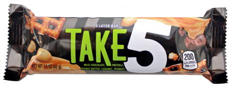 Do you like the candy bar called, Take Five by Hersheys? It consists of pretzel, Caramel, Peanuts, Chocolate and Peanut Butter.