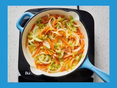 Heat 2 tablespoons oil in a large skillet or wok over high heat. Cook and stir. ... 3 stalks celery, sliced 2 large carrots, cut into large matchsticks, ½ sweet onion, thinly sliced, 2 green onions, sliced, in the hot oil until slightly tender, 5 to 7 minutes. You got this?