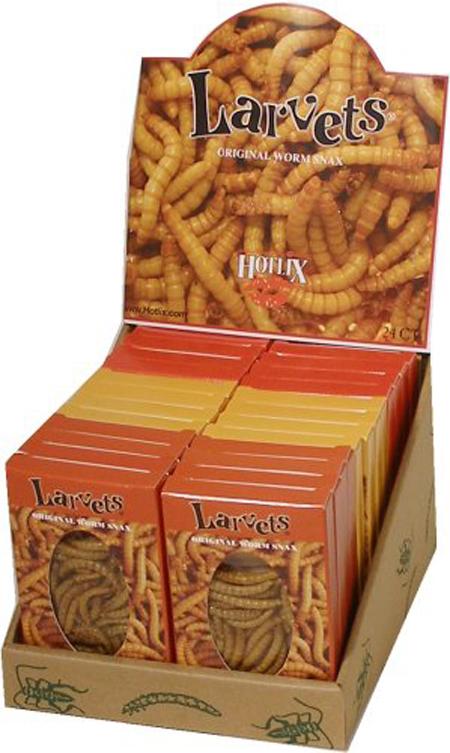 Larvets Worm Snacks - These crunchy worms are baked and come in a variety of flavors including BBQ, Cheddar Cheese, and Mexican Spice. Would you buy these flavored worm snacks?