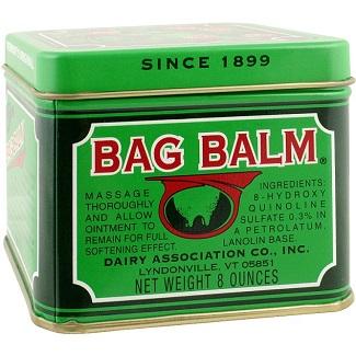 Bag Balm is made by Dairy Association Co. in Lyndonville, Vermont, and Rock Island, Quebec. The product is known for its characteristic 10-oz green square tins featuring a cow's head and red clovers on the lid. It has been in production since 1899. Are you familiar with these facts?