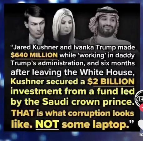 Do You Think It Is Fair That Republicans Say Hunter Took Money From China, But They Forgot Jared Took $650 Billion From Saudi Crown Prince (source in opening message) ?