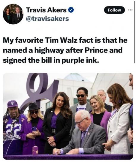 Did You Know Walz Named A Highway After Prince And Signed The Bill In Purple Ink ?