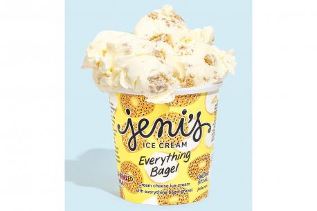 Jeni's Everything Bagel Ice Cream----- The surprising new frozen treat features a subtly sweet cream cheese ice cream that is swirled with sesame, poppy seeds—and yes, onions and garlic. Does this ice cream flavor appeal to you?