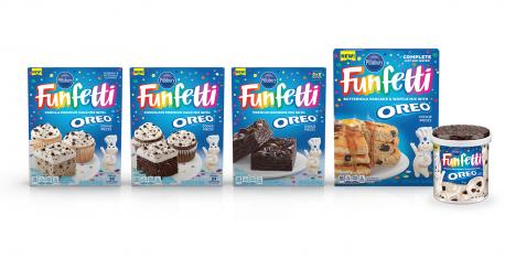 Pillsbury's Funfetti Oreo Baking Line----- Funfetti cake and Oreos are great on their own, but they're even better together. The collaboration line includes classic vanilla and chocolate cake mixes, brownie mix, buttermilk pancake and waffle mix, and frosting. Do any of these mixes sound like something you'd like to bake?