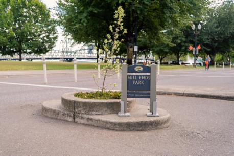 Mill Ends Park in Portland, Oregon-----Recognized by the Guinness Book of World Records as the World's Smallest Dedicated Park, Mill Ends Park — which boasts a total area of 452 square inches — is located in the median strip of SW Naito Parkway in downtown Portland. The micro-recreation area was inspired by a columnist for the Oregon Journal, who wrote a popular column about the park's