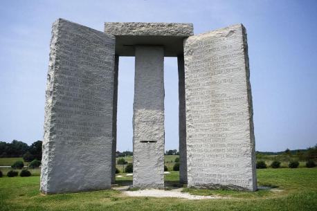 The Georgia Guidestones in Elberton, Georgia-----East of Atlanta at the highest point in Elbert County, a very different array has been puzzling visitors since its completion in 1980. Commissioned by a man who went by the pseudonym of Robert C. Christian and composed of 28-ton slabs of local Pyramid Blue Granite, the Georgia Guidestones — also known as