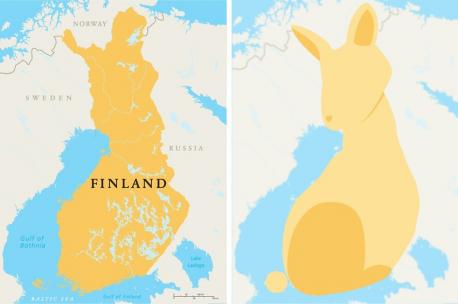 Finland: A Shy Rabbit - The outline of Finland looks a little like a rabbit. Two protruding sections of the border looks like bunny ears at the northernmost points. Norway to the north, Sweden to the west, and Russia to the east create this oddly-shaped image. Some have said it looks a little like a kangaroo, but a rabbit seems more fitting for a land known for harsh winter conditions and expansive woodlands. Do you see a rabbit shape?
