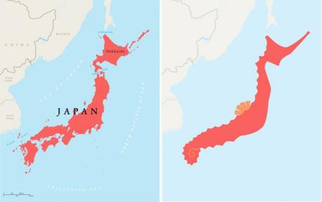 Japan: A Giant Seahorse - Japan is primarily made up of rugged, mountainous land. This long string of islands in the Pacific Ocean looks a little like a seahorse. The country is made up of four main islands, and the northernmost is Hokkaido. Its irregular shape looks a little like a seahorse head with a long curved body. Most of the
