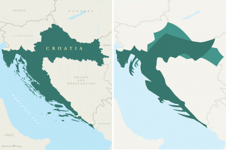 Croatia: A Flying Dragon - Bordered by the Adriatic Sea to the west, Croatia includes a series of long islands that look a little like wispy smoke drifting out of the mouth of a dragon facing down. The head is formed by a protruding portion of the country that points out into the sea. The country is long and narrow along its watery border, creating a tail that tapers off to the south. The eastern portion of the country expands behind the body of the dragon. Slovenia, Hungary, Serbia, Bosnia and Herzegovina all surround this portion with uneven, jagged lines, creating the image of wings for a dragon in flight. Do you see the dragon?