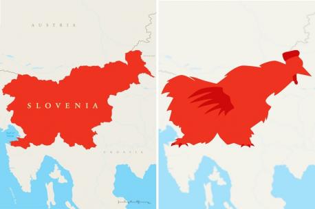 Slovenia: A Walking Rooster - Italy's border snakes down along the Gulf of Venice, it cuts into Slovenia to create what looks like a protruding rear leg. A triangular portion dips down into Croatia to create what looks like a front leg extending forward as if in motion. This Croatian border continues in a northward taper, creating the neck of the rooster. The Austrian border to the north creates a sloping back, and it meets with the Hungary to the northeast , creating a pointed section resembling a rooster's comb on top of the animal's head. Do you see the rooster?