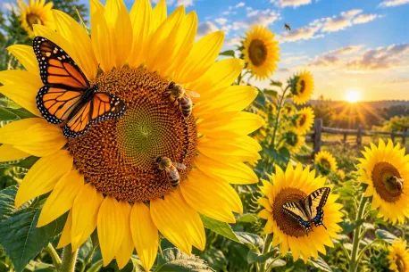 As we stroll through the backyard, you'll notice that all of these sunflowers are facing east. Young sunflowers follow the sun across the sky each day, but once mature, they stop moving and usually face east. This early-morning orientation helps them warm up quickly and attract pollinators. Today, butterflies are busy fluttering from flower to flower, and we might even see a few bees hard at work. Just be careful around them. I learned that lesson the hard way when one stung me last week! Were you aware that mature sunflowers face East?
