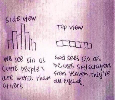 People often like to compare their sin with others - as if it is a competition. However, the Bible clearly states that ANY sin, regardless of how large or small we may think it is - is enough to keep us from God (Romans 3:23). Have you ever compared your sins with someone else, thinking you weren't 