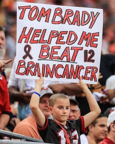 His parents told him that when he beat cancer, they'd take Noah to see Brady play. After six months of treatments, the brain tumor was gone, and the trip was planned for Oct. 24, 2021. Many have since seen what transpired: Noah held up a sign that read 