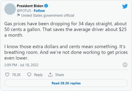 Do you think it is sad - and perhaps at least somewhat hypocritical - that the Biden administration is now trying to take credit for the lower prices after vehemently denying they had ANYTHING to do with the higher prices in the first place?