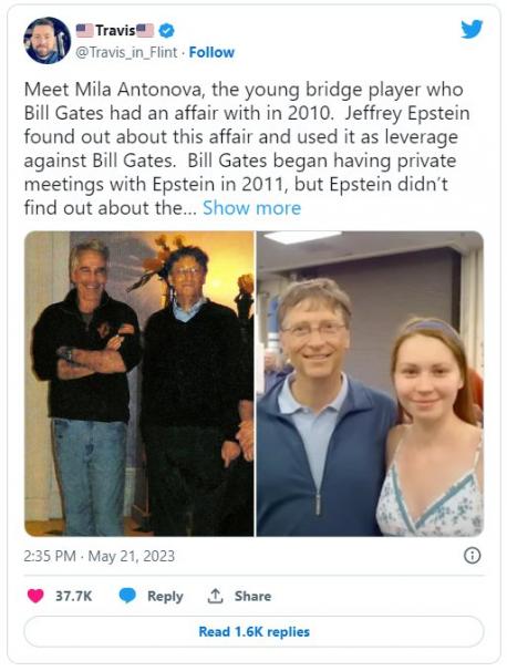 In 2013, Antonova met Epstein when she was trying to raise funds for a business venture that included an online bridge platform. Epstein did not fund this project but paid Antonova to attend a software coding school. It was in 2017 when Epstein used Gates' affair with Antonova as leverage to get him to participate in the charity fund. The 