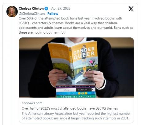 Gender Queer is Chelsea Clinton's favorite book. It's weird how so many books schools put in libraries to promote 