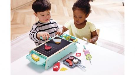 Hape Sizzling Griddle & Grill BBQ: Kids have everything they need to cook up a play food storm, from hot dogs and veggies to condiments. The wooden grill sizzles and the coals light up.