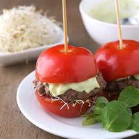 It is a low-carb burger that uses tomato halves in place of buns since tomatos have been extremely large this year. Would you eat this burger?