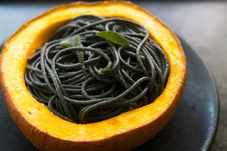 Squid Ink pasta is sometimes used in Halloween dishes. These egg noodles are colored by actual squid ink, which gives it a dark color and strong smell. I've never tried them before! Have you ever had squid ink pasta?