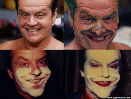 In one scene, the Joker covers his white face with flesh tone makeup only to wipe and reveal the white. That means the makeup artists had to devise a way to layer white plus flesh colored makeup on Jack Nicholson's face without showing his actual skin color! This was done through an acrylic adhesive with food grade silicone oil applied all over his face so the flesh tone makeup could slide away easily but not the white. Do you think creative problem-solving like this makes you appreciate the work of makeup artists in film?