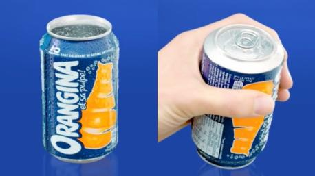 Orangina drink is made with real oranges including the pulp. They were afraid, due to traditional messages to not shake a can, that patrons would not shake their can. To remedy the situation, they put the tab opening the can on the bottom of the can, forcing customers to flip the can over which will mix up the pulp with the rest of the drink. First what do you think about their idea?