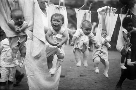 In the picture are babies wrapped and hanging from a clothesline. I believe the photo is from the 1930s. Have you seen this photo before?